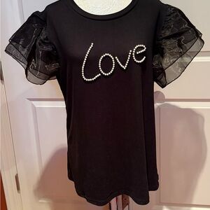 Black Ruffle Sleeve Top with Pearl Embellishment NWT